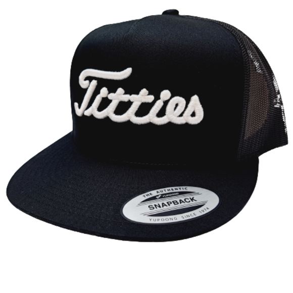 Titties Golf Puff Embroidered Flat Bill Trucker Mesh Snapback Hat Cap Bla… - Picture 3 of 4
